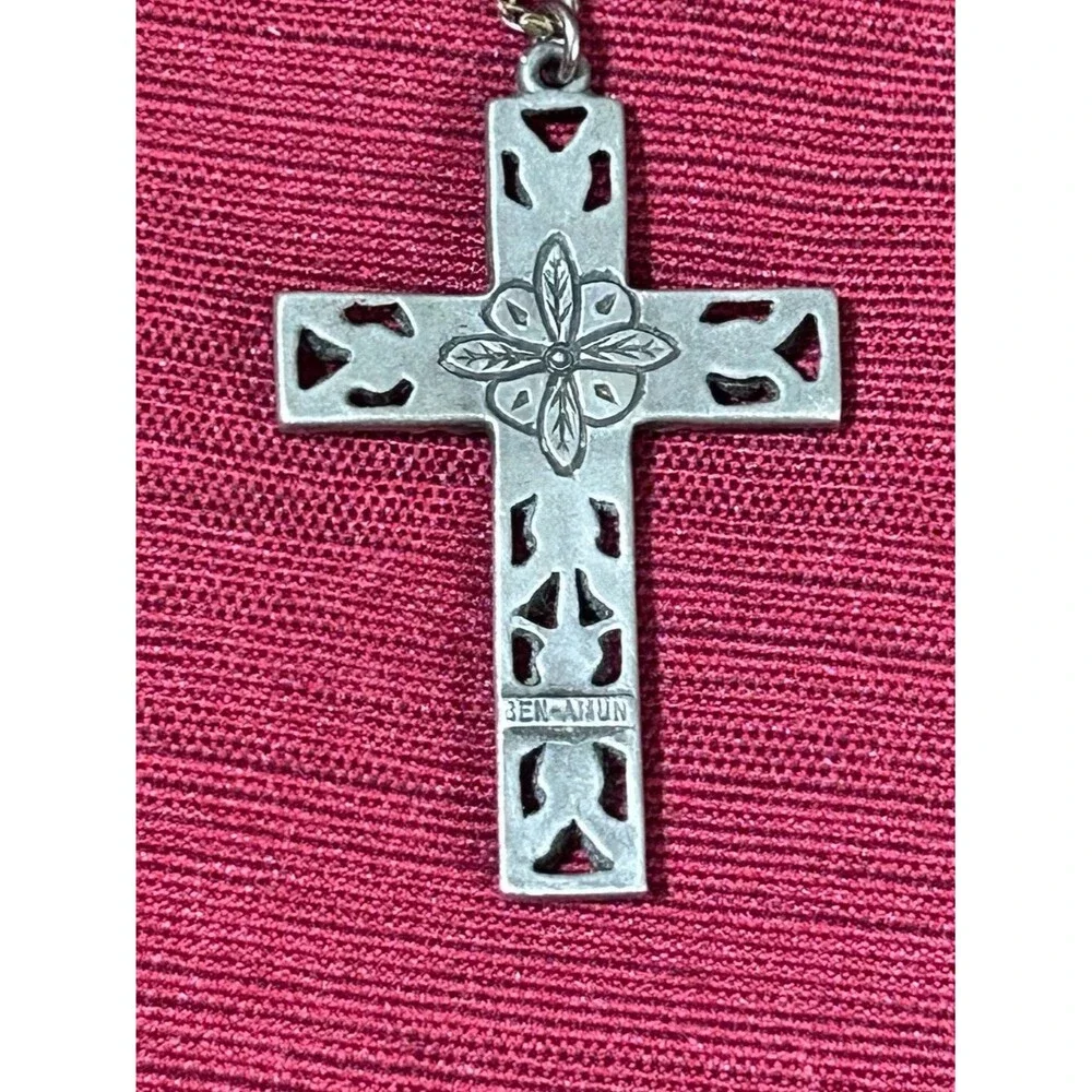 Ben-Amun Vintage Signed Floral Enamel Cross Pendant Necklace Silver Tone